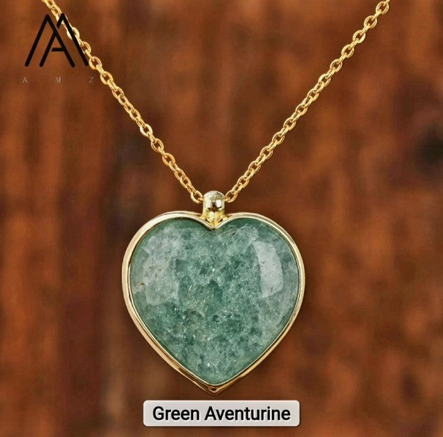 Large Green Aventurine Heart 25mm Designkjede , Gold Electroplated