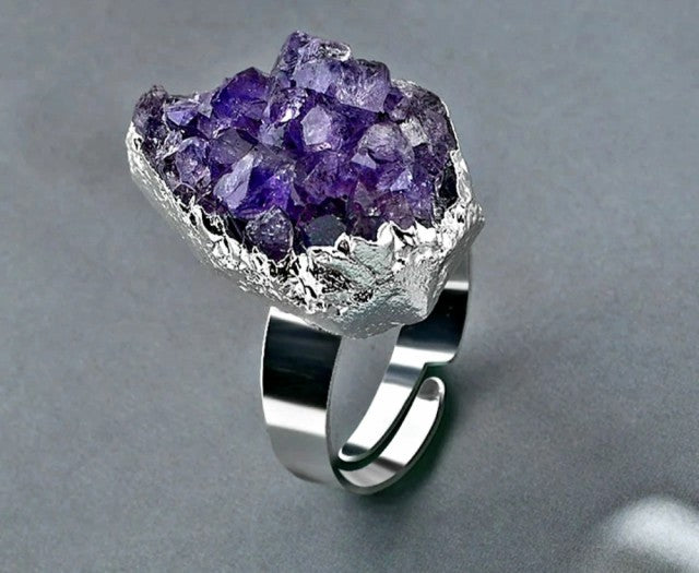 Flott Ametyst RÅkrystall Silver Electroplated Ring, Justerbar