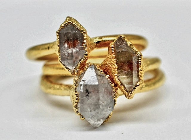 Ny, hÅndlaget rustik Art Deco Herkimer Diamond Gold Electroplated Ring