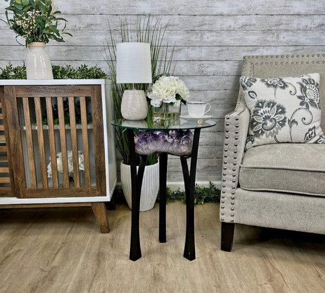 Extra Plus Brazilian Amethyst Coffee Geode Side Table, 18kg, 60cm tall, Cluster Stone Size 30x22x12cm on a metal base