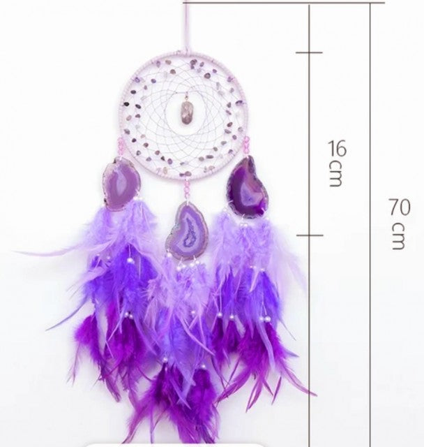 Vakker Indian Drømmefanger m/ledlys og RÅ Ametyst og Agat Krystalldesign, 16x70cm. lilla andefjær