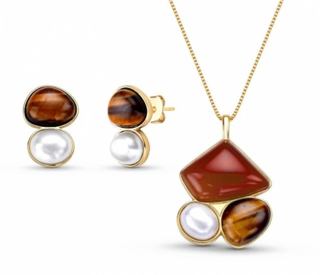 New 2025 Brazil Gem - 3 Stone Red Agate + Tiger's Eye + White Shell Pearl 18K Gold Plated Necklace & Earring Set