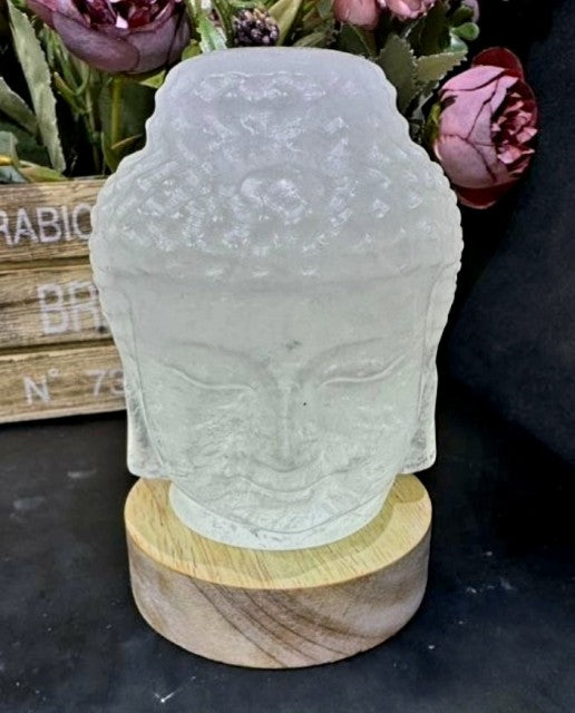 KAMPANJE / Flotte, handcarved Buddha Heads Rose Quartz & Selenite, ca. 10cm inkl. Led Lysbase m/usb