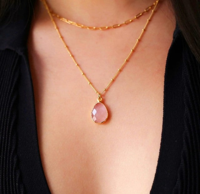 Nytt vakkert Rose Quartz Kjede med 20x15mm Tear Drop Anheng, 18k Gold Electroplated