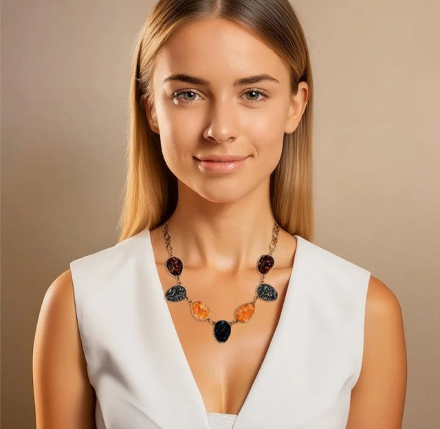 New 2025 Brazil Gem 7-Stone Amethyst + Citrine + Selenite + Tiger's EyeGold Plated Riviera Necklace & Earring Set