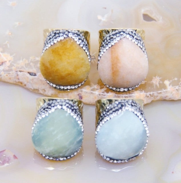 Grønn Jade, Oransje Aventurin, Aquamarin og Nephrit Gold Electroplated Ringer, justerbar