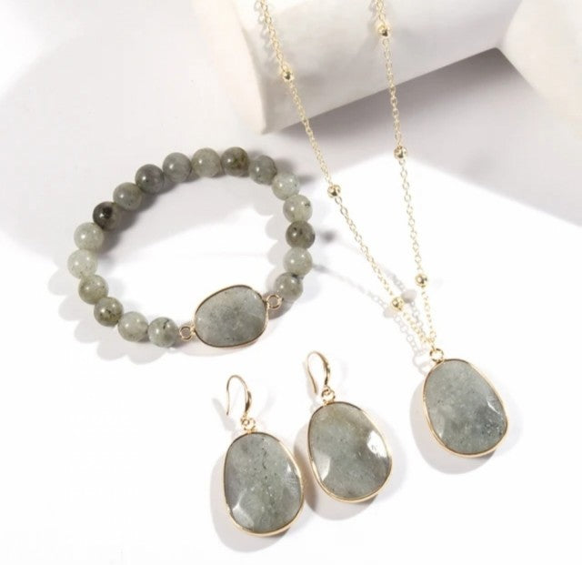 Nye 2025 Design Smykkesett ( Kjede, armbÅnd, øredobber ), Grey Quartz