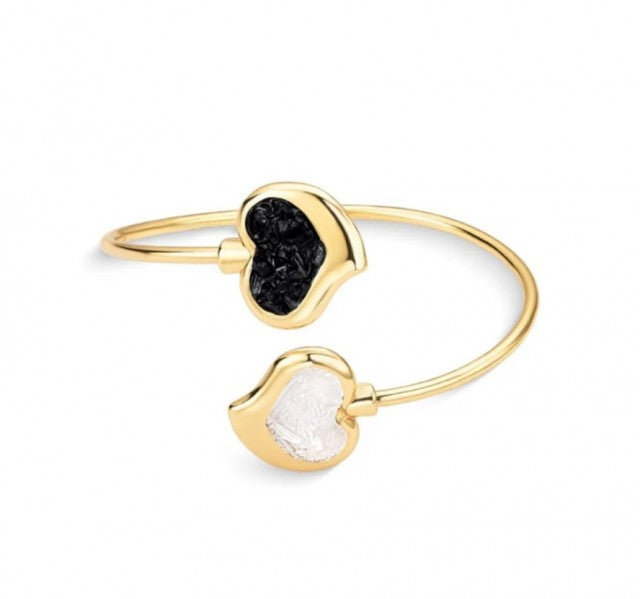New 2025 Brazil Gem Heart Shaped Cuff Style 18K Gold Plated Bracelet w/ Natural Black Tourmaline + Selenite