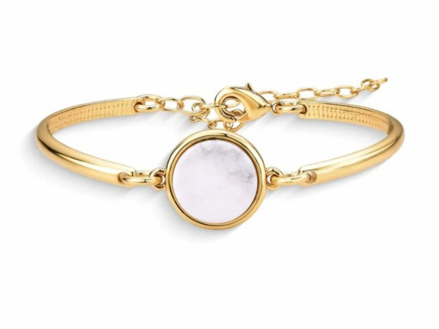 New 2025 Brazil Gem Round White Howlite 18K Gold Plated Bangle & Chain Bracelet w/ Natural Gemstones
