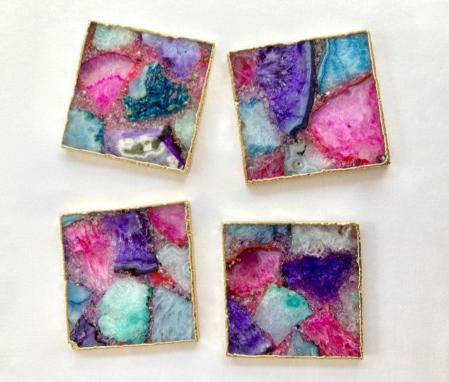 Nye, vakre og dekorative multicolor Agat Coasterskiver Gold Electroplated m/ tykk 12mm gullkant, stk. pris