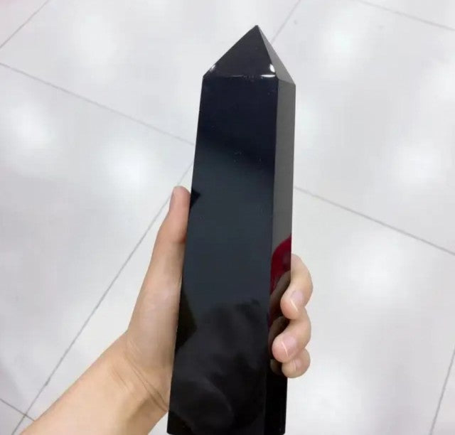 Stor XL Sort Obsidian TÅrnkrystall, 18 - 20cm