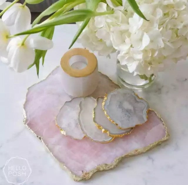 Rosenkvarts Osteplate / Serveringfat m/4 Coasterbrikker