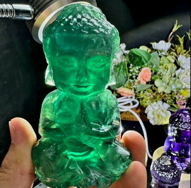 Vakker, hÅndlaget Buddha 10cm Clear Quartz inkl led trebase m/usb, Large
