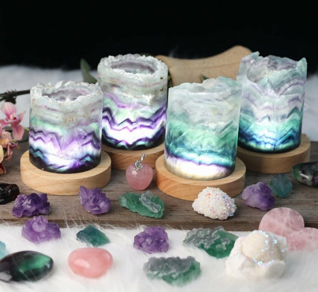 Vakre Fluoritt regnbue Cylinderlamper i råkrystall, AA Kvalitet, polert ca. 7 x 13cm og remote control, medium size