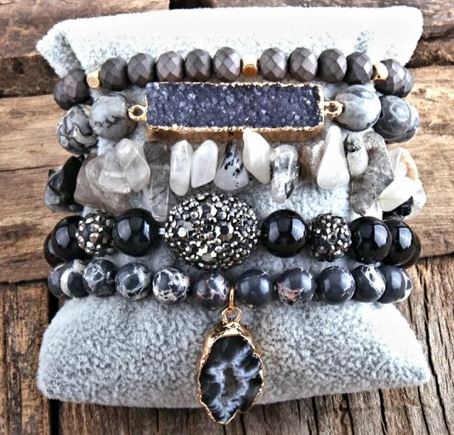 Nye, fleksible 5 rader armbÅnd med druzy Agat sten, Design 7 ( 7 Modeller )