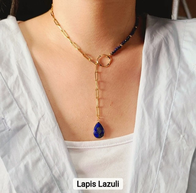 Natural Gemstone Blue Lapis Lazuli Teardrop Shape Lariat Necklace, Gold Plated