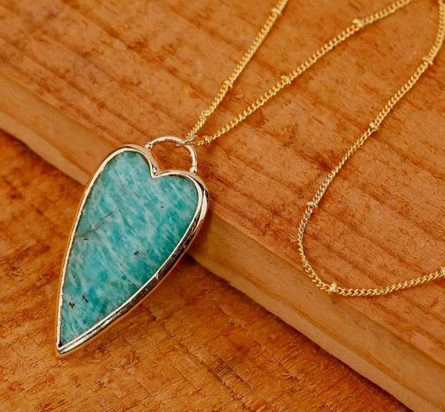 Long Hearts Designkjede 37x19mm - Gold Electroplated - Amazonite