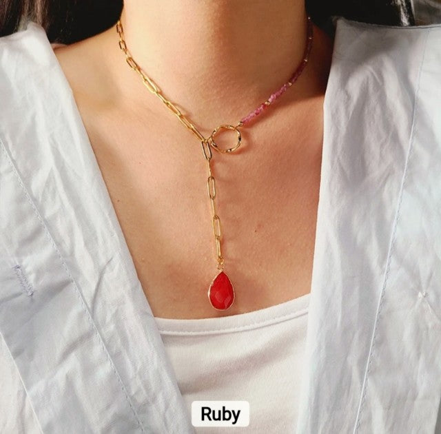 Natural Gemstone Ruby Teardrop Shape Lariat Necklace, Gold Plated