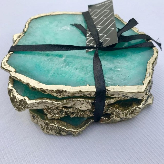 Nyhet ! Sjelden vakker Agat Aqua Coaster skiver turkisgrønn gullbelagt 10mm tykk kant, stk. pris