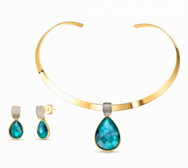 New 2025 Brazil Gem Smaragd w/ White Rhodium 18K Gold Plated Choker Necklace & Earring Set