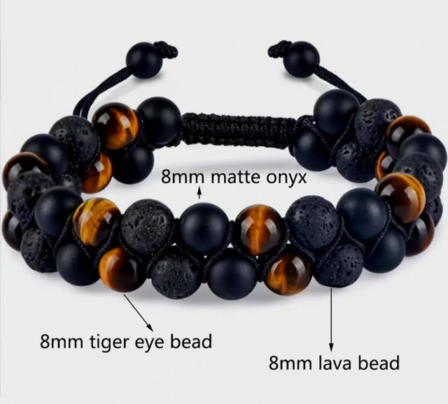 Nye Chambhala 2 rader Gyllen Tigerøye armbÅnd med onyx og lavasten, justerbare