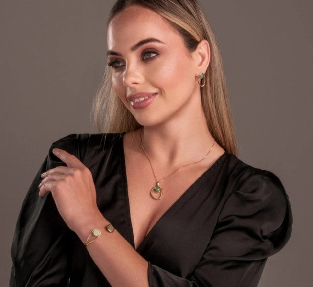 2025 Brazil Gem Elliptical 18K Gold Plated Necklace & Earring Set w/ Round Natural Black AGATE Gemstones