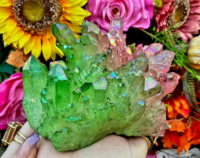 Lys Grønn og Pink Aura Kvarts Cluster Xlarge ca. 15x10cm , ca. 700 gram