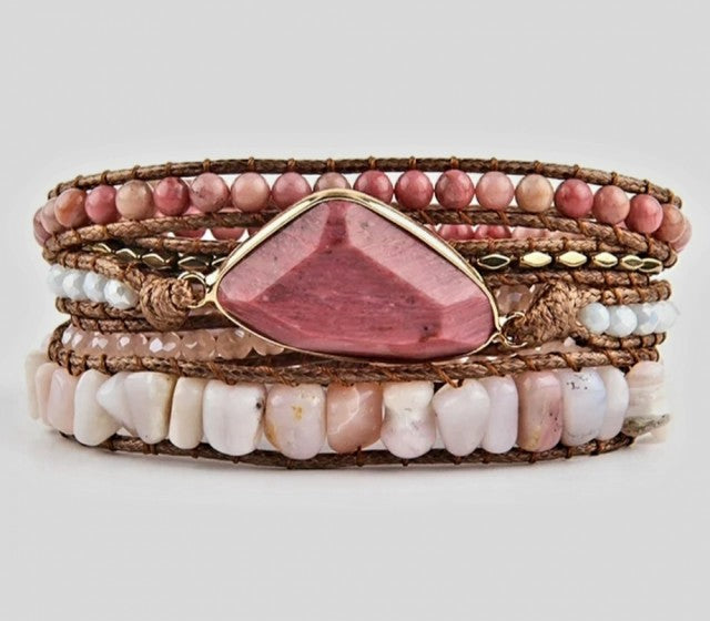 NYHET 2025 ! BOHO WRAP BRACELET 5 rader armbÅnd med stor Rhodonite sten