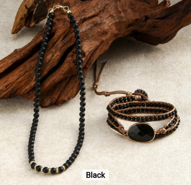 Nye 2025 Bohemian Sort Agate Design Smykkesett, Single Row Kjede og BoHo Single Wrap armbÅnd