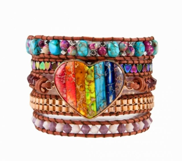 BOHO WRAP BRACELET 5 rader armbÅnd med stor Hjerteformet 7 Chakra natursten.