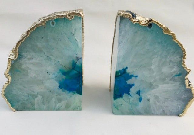 Agat Aqua / Teal Bokstøtter Gold Electroplated ( par )
