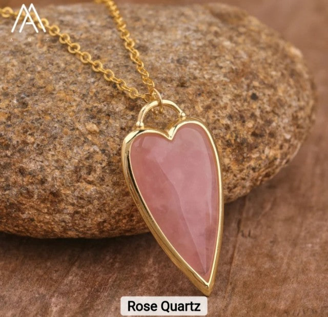 Long Hearts Designkjede 37x19mm - Gold Electroplated - Rose Quartz