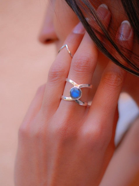 Vakker, enkel og hÅndlaget " Double Band " Designring i 925s sølv med liten rund sten i Labradorit