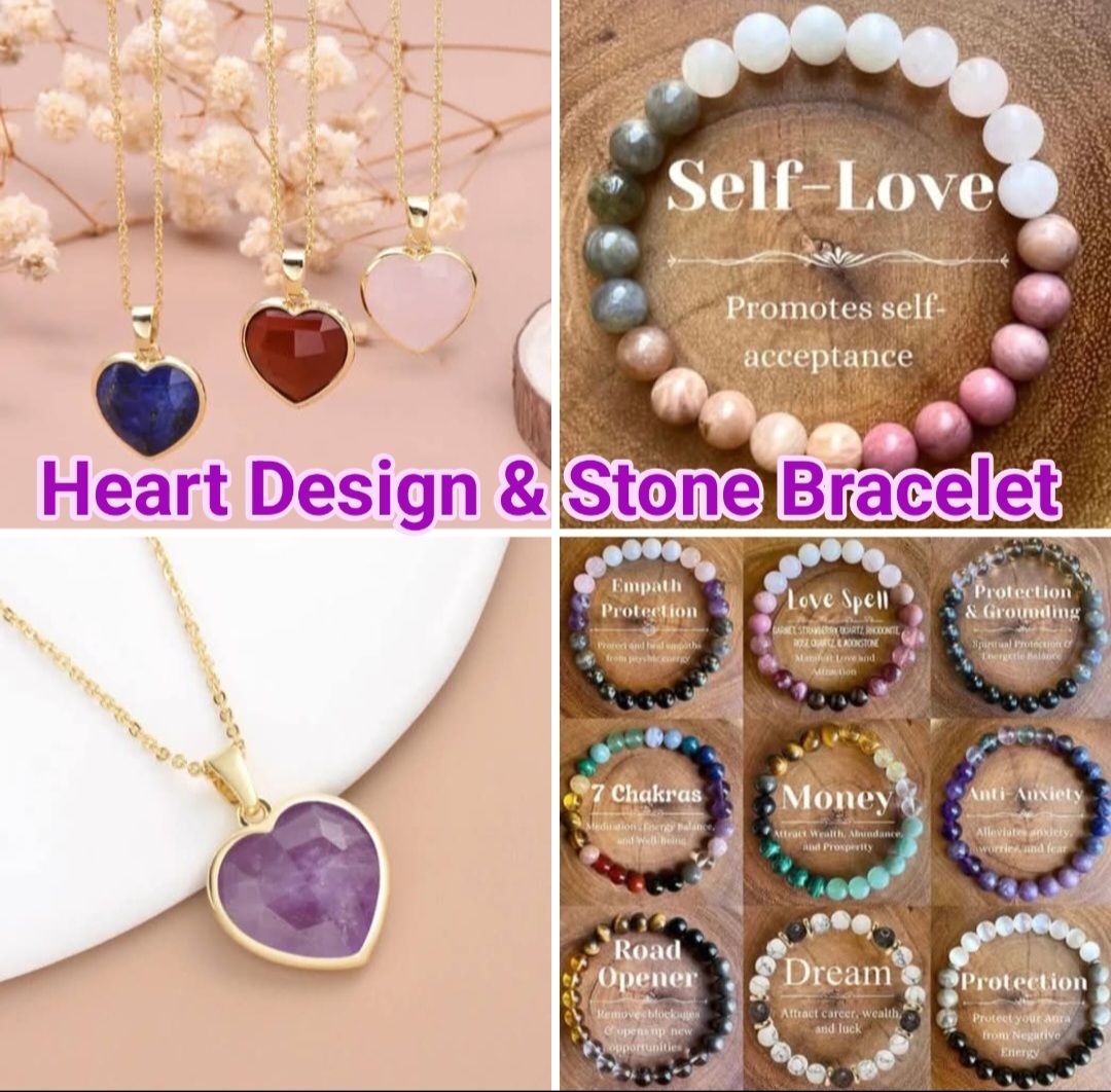 DUO DEAL / Vakkert, enkelt kjede med 17mm natural stone Hjerteanheng og fleksibelt Tema stenarmbånd.