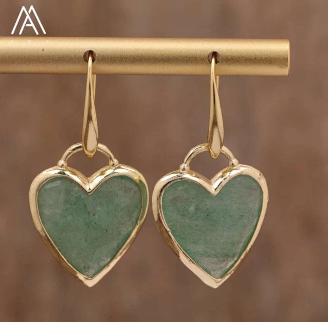 Nye MICCI Design Øredobber ( 20mm - Heart Design ) , 18K Gold Electroplated, Green Strawberry Quartz