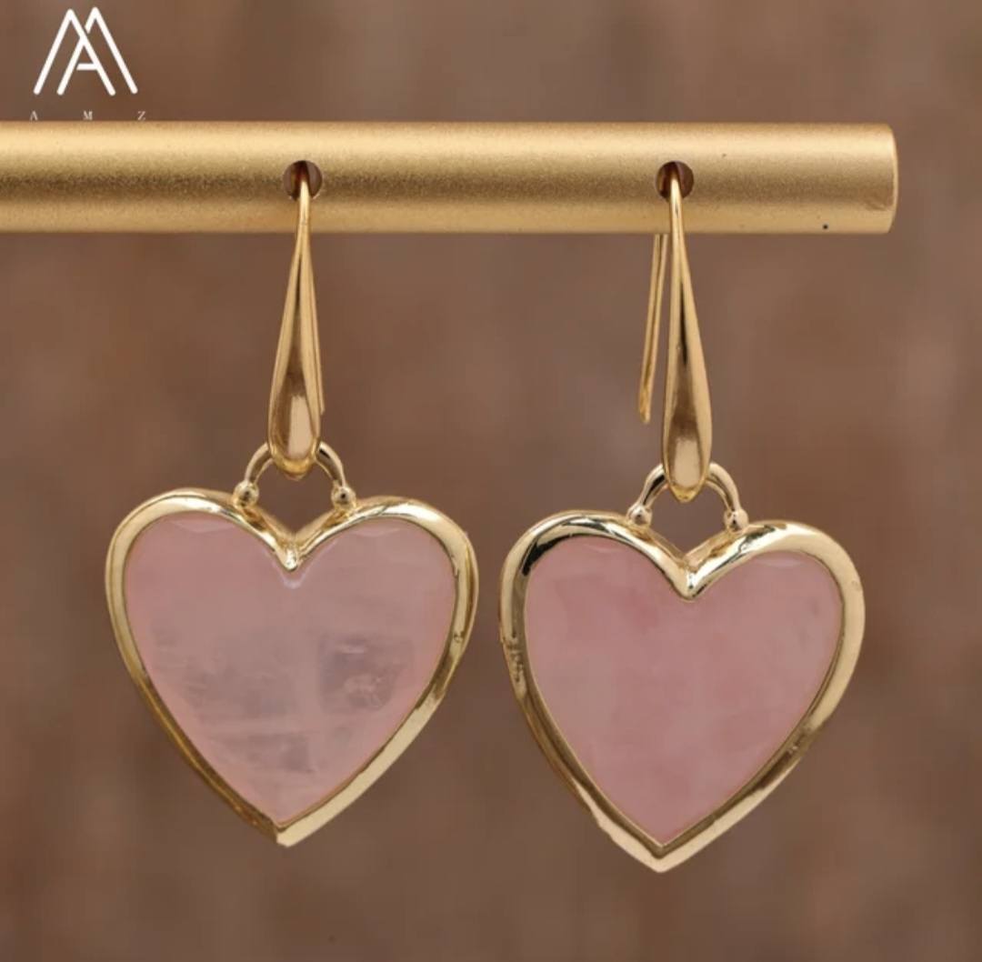 Nye MICCI Design Øredobber ( 20mm; - Heart Design ) , 18K Gold Electroplated, ROSE QUARTZ