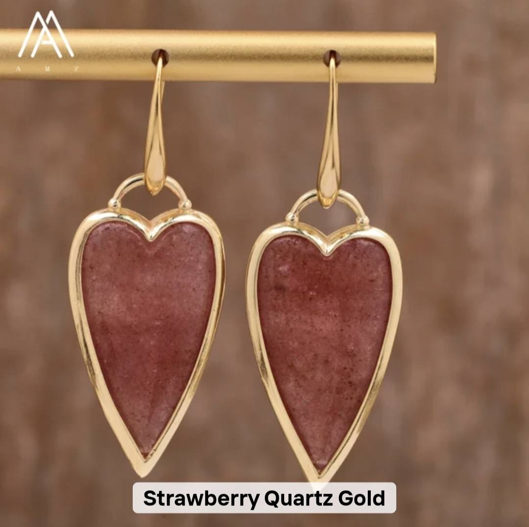 Nye MICCI Design Øredobber ( 30mm - Long Heart Design ) , 18K Gold Electroplated, Strawberry Quartz