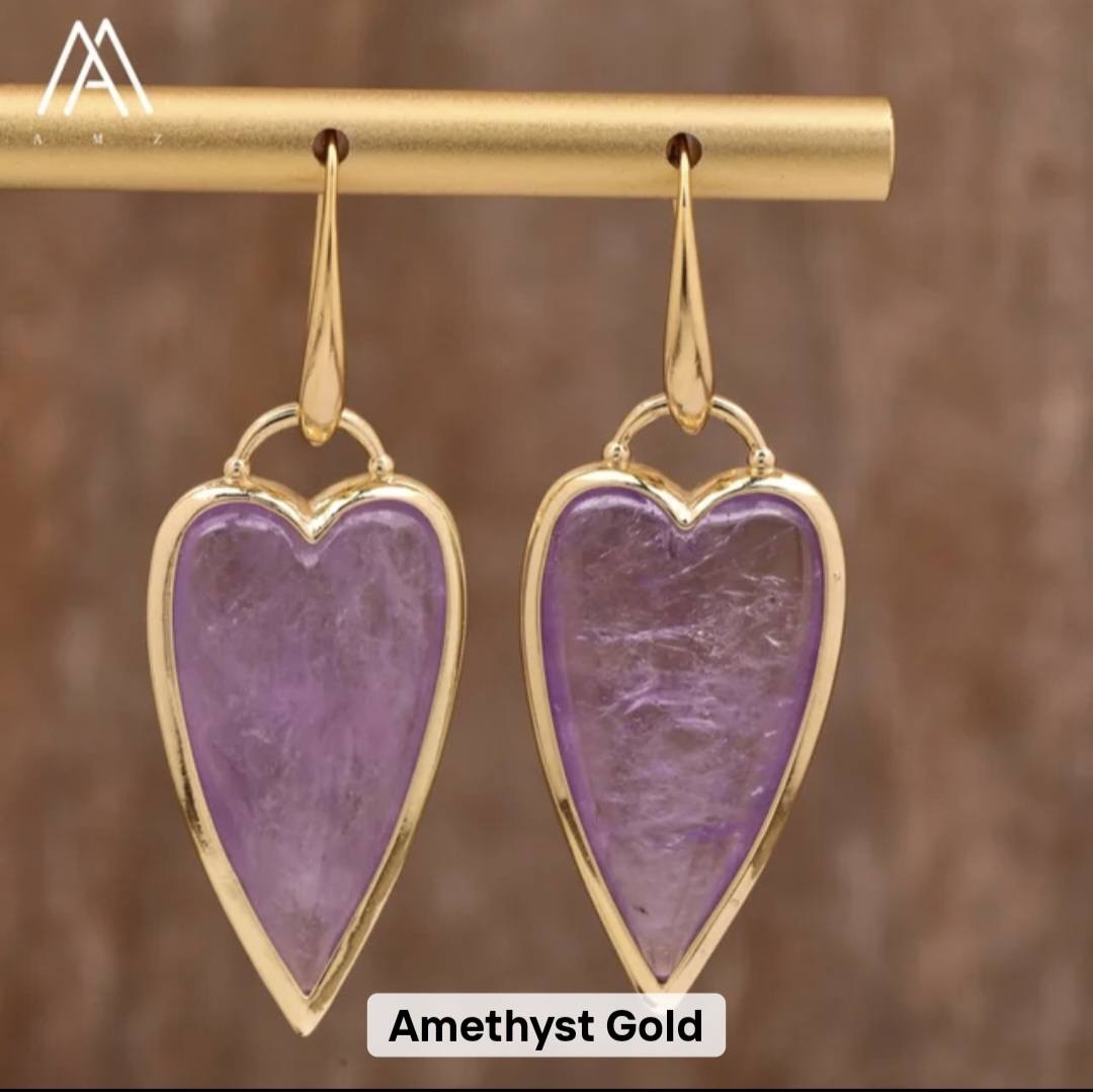 Nye MICCI Design Øredobber ( 30mm - Long Heart Design ) , 18K Gold Electroplated, Ametyst