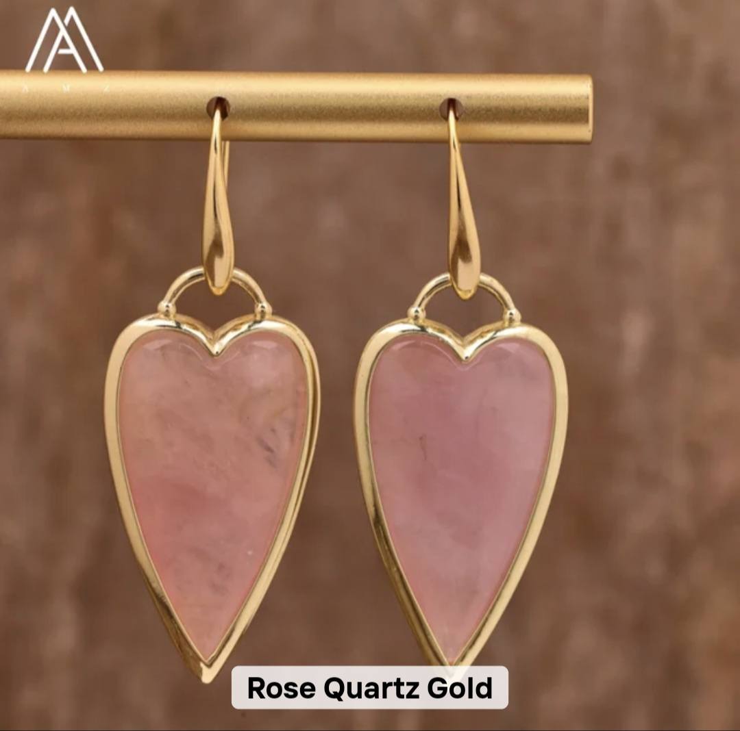 Nye MICCI Design Øredobber ( 30mm - Long Heart Design ) , 18K Gold Electroplated, ROSE QUARTZ