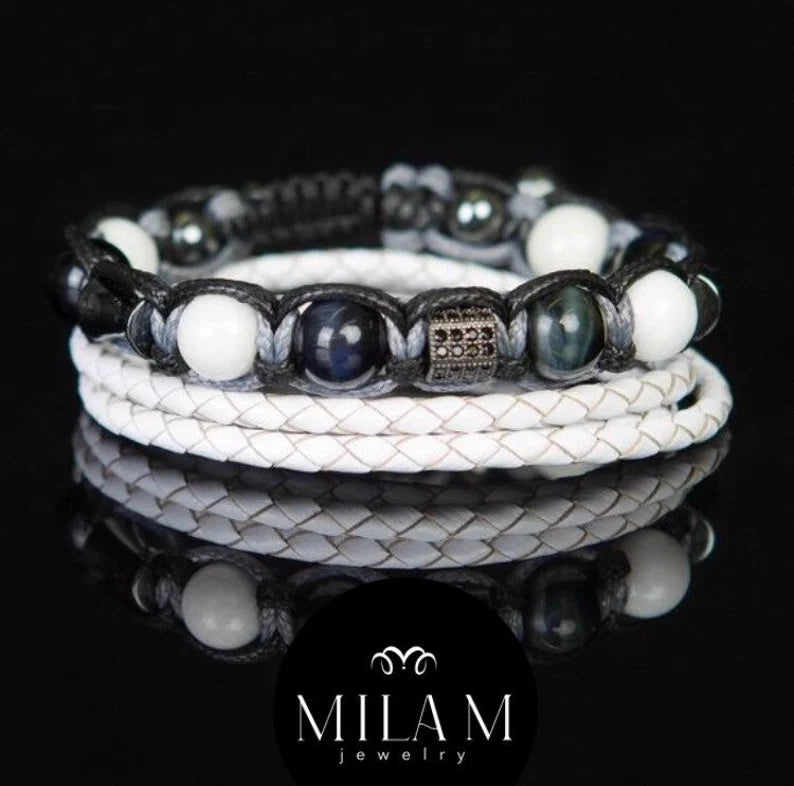 Trendy og Exclusivt Shambhala Armbånd sett, Blue Tigereye, White Agate og Hematitt, unisex og justerbare