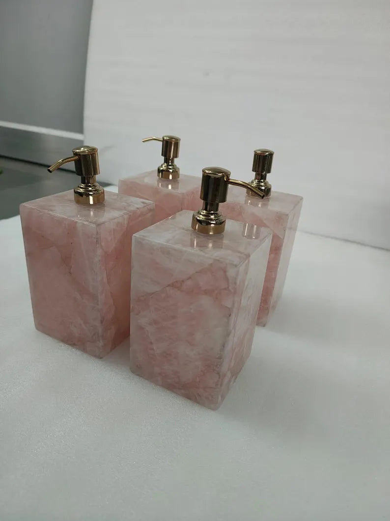 Handcrafted Rose Quartz Soap Dispenser, Luxurious Bathroom Decor, 15x10x10cm