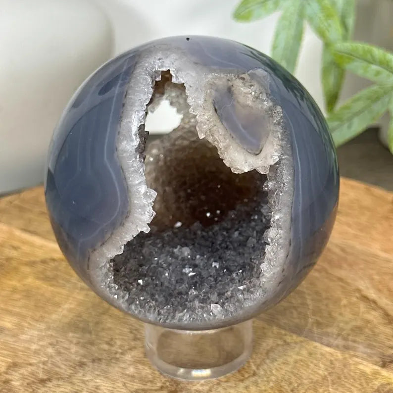 Banded Agate & Quartz Druzy Sphere Geode - SPH0154, 9.9cm