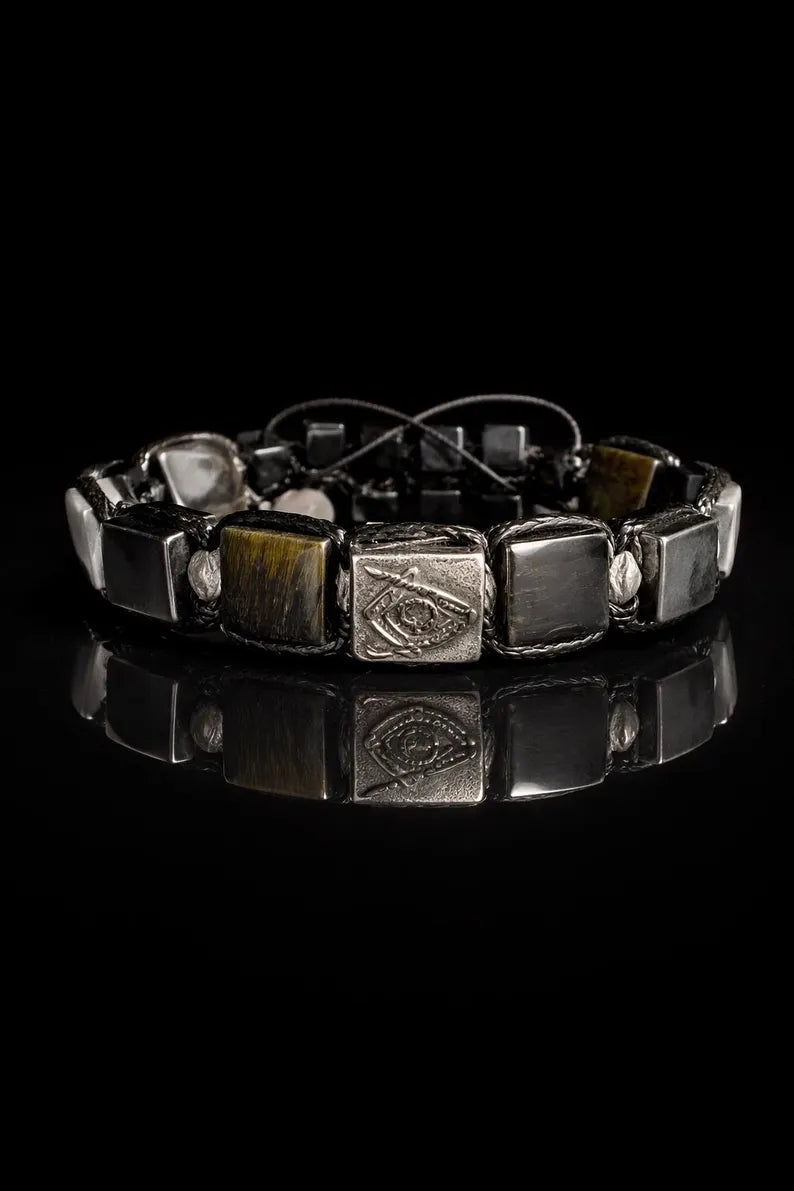New 2026 Design / Trendy og Exclusivt Shambhala Armbånd, Masonic Symbol Bracelet - Tiger's Eye Protection Stones - Sacred Geometry Jewelry, Brotherhood Gift, Freemason Talisman