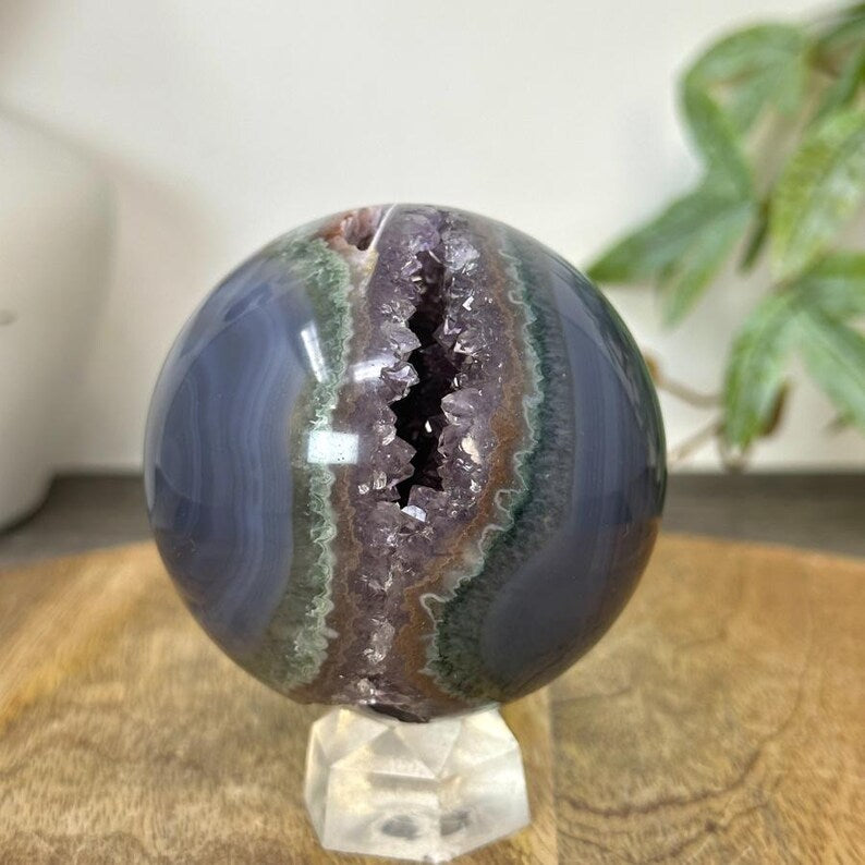 Banded Uruguay Agate & Druzy Sphere Geode - SPH0220, 70mm
