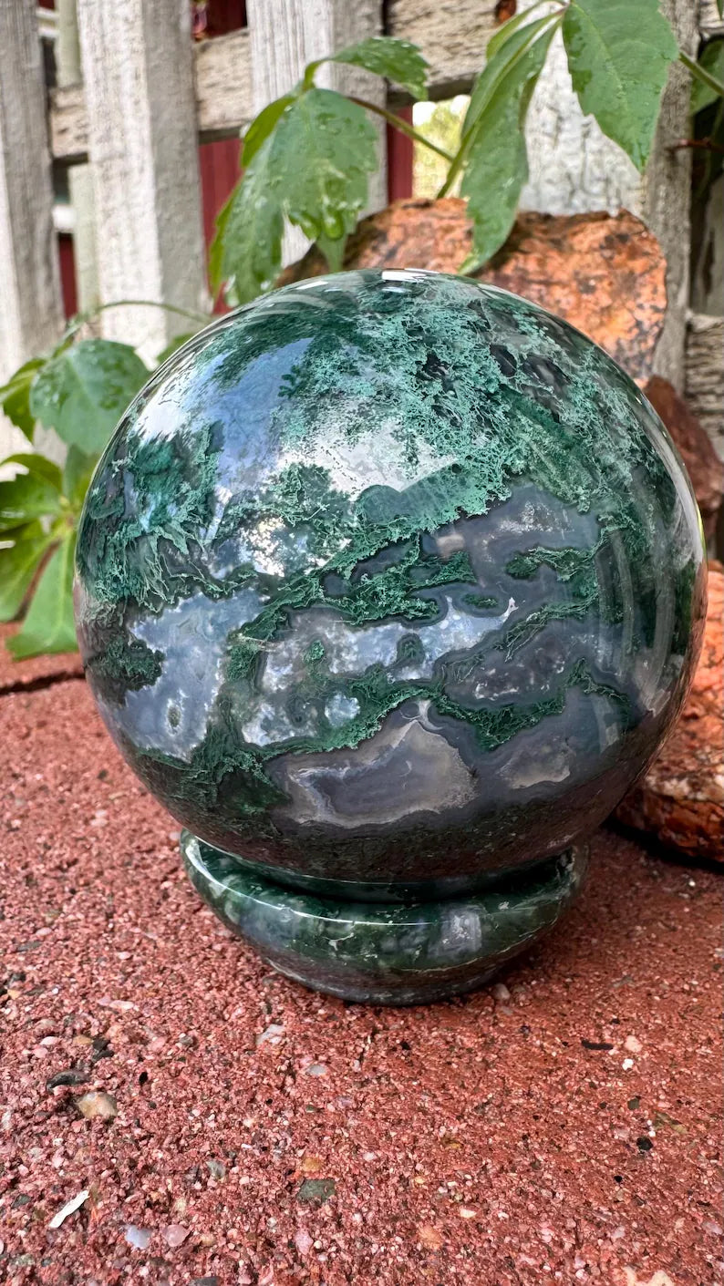 Large Moss Agate Sphere with Matching Sphere Stand, 74mm