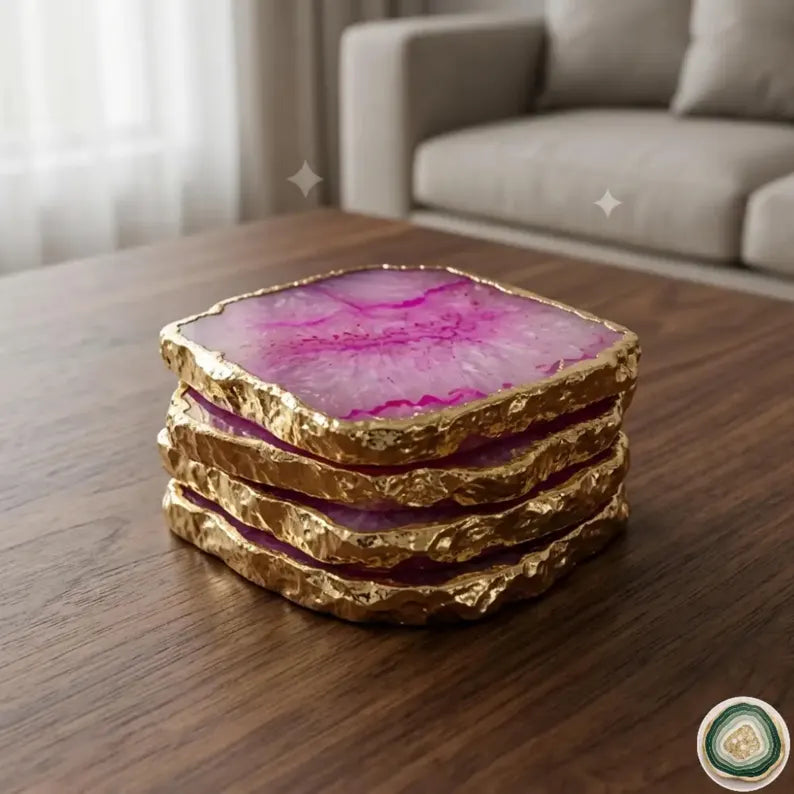 Pink Agate Square Coasters | Natural Stone Drink Coasters | Personalized Memento Gift | Luxury Table Décor, stk pris