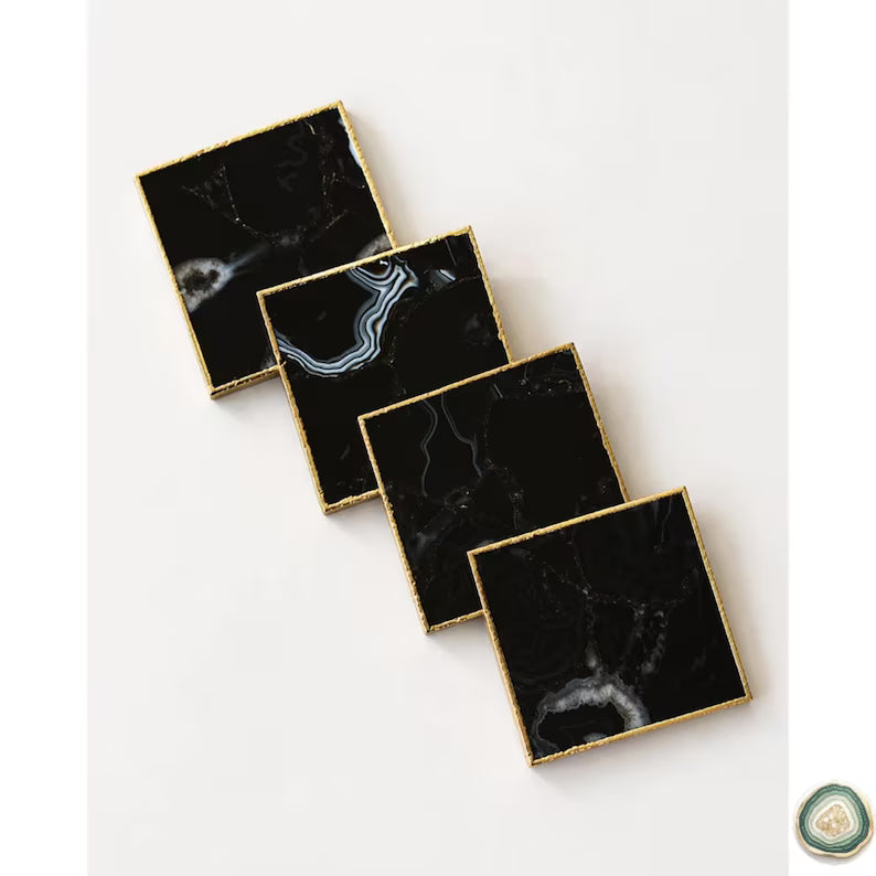 Nye, vakre Sort Agat Coastere m/Gold Electroplated tykk 10mm kant, stk. pris