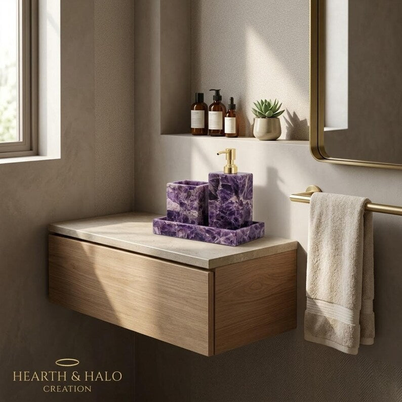 Natural Amethyst Bathroom 3 PCS Set, Purple Crystal Soap Dispenser, Toothbrush Holder, Vanity Tray