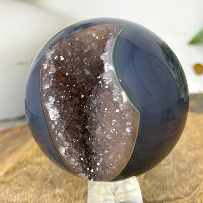 Banded Agate & Druzy Sphere Geode with Crystal Formation - SPH0226, 80mm