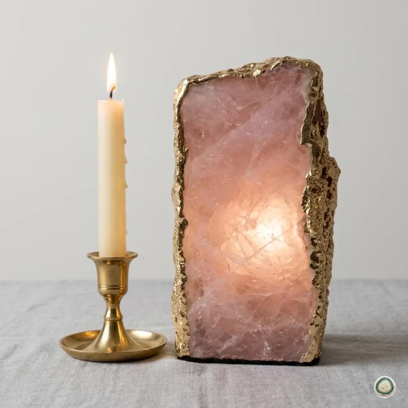 Rose Quartz Ledlamp | Gold Electroplated, Crystal Night Light | Luxury Home Décor